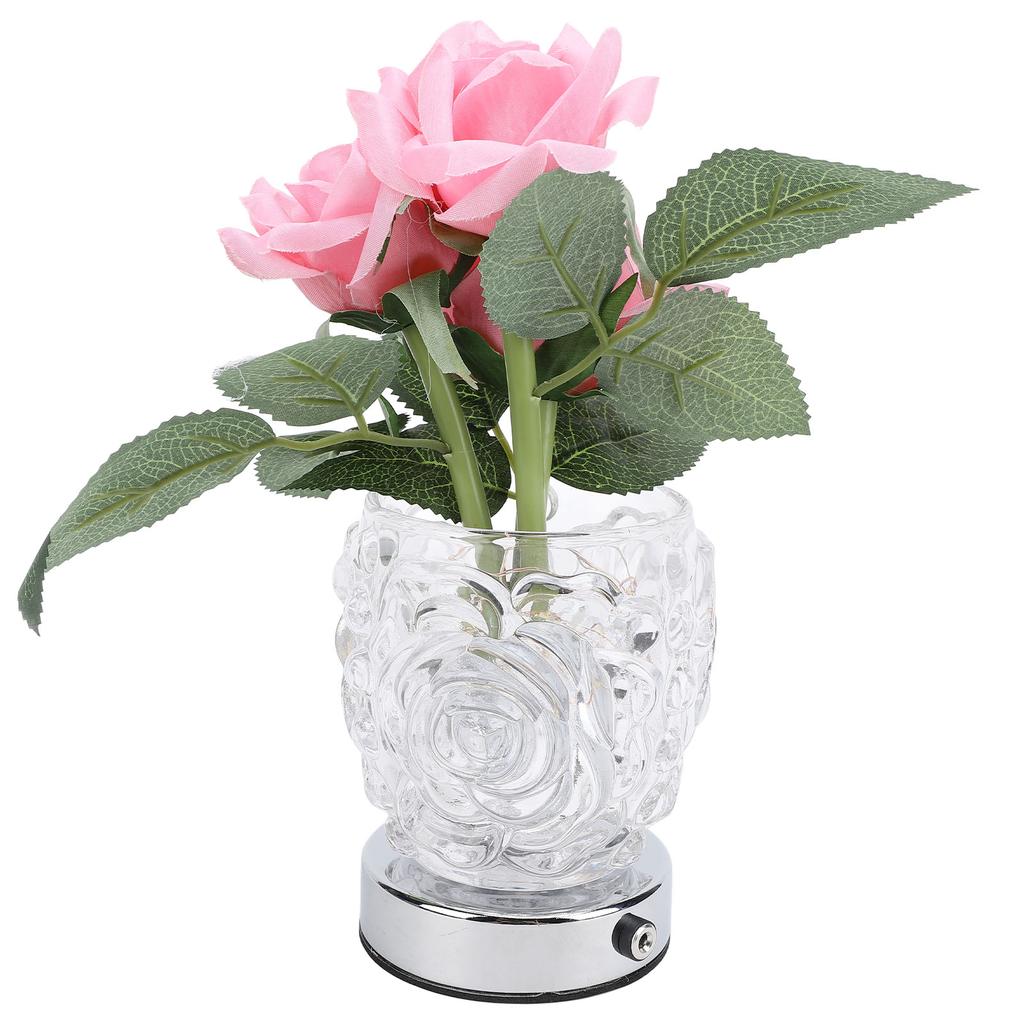 Rose Tischlampe Exquisite elegante kabellose LED-Kunstblumen-Touch-Lampe mit klarer Kristallvase