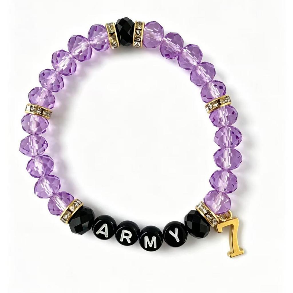 BTS Pulseira de Contas ARMY: Joias Inspiradas no K-Pop Bangtan Boys com Cristais Roxos, Ônix Preto e Pingentes Dourados, Presente Ajustável para Fãs