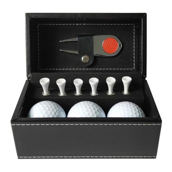 1 Set Golf Gift Box with 3 Balls 6 Tees Metal Divot Repair Tool Hat Clip Golf Accessories Kit Faux Leather Case Men Women Professional Beginner