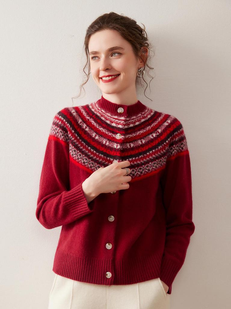 Women's Fair Isle Cashmere Button-Up Cardigan - Round Neck, Loose Fit, Thick, Autumn/Winter Style.