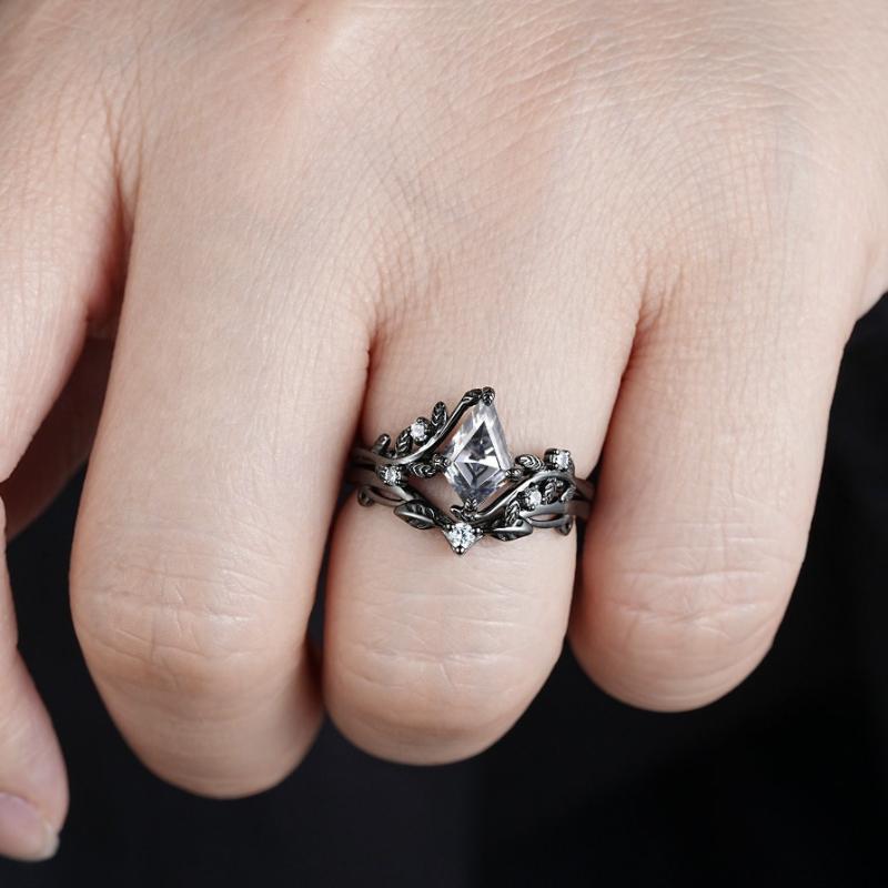 Vintage Gothic Black Color Branch and Leaf Set Zirconia Ring, Personalized Punk Style Women's Holiday Party Jewelry Accessories