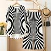 Women Plus Size Two Piece Pant Set Round Neck Half Sleeve Black White Printed High Low Top Wide Leg Pants
