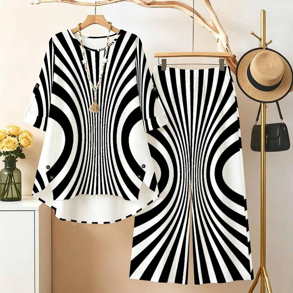 Women Plus Size Two Piece Pant Set Round Neck Half Sleeve Black White Printed High Low Top Wide Leg Pants