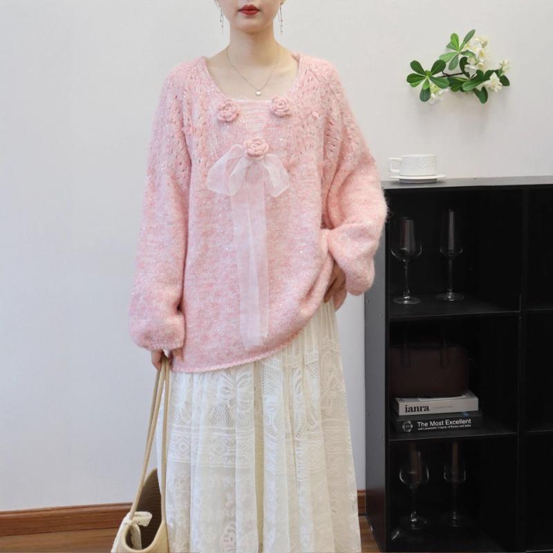 Autumn and winter new medium and long three-dimensional flower bow sweet knitted sweater top loose sweater pullover woman
