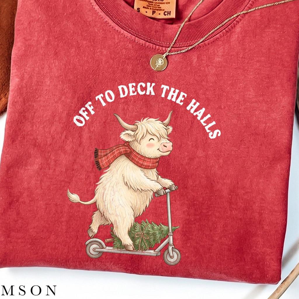 Highland Cow Christmas Shirt, Off to Deck the Halls Tee, Tree Decorating Gift for Women