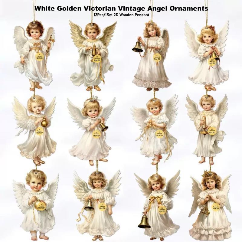 Vintage Christmas Angel Wooden Hanging Ornaments 12Pcs Rustic Wood Pendants for Xmas Tree Party Home Holiday Decor