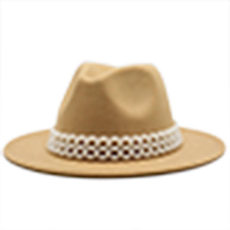 High-Grade Pearl Woolen Top Hat, Flat-Brimmed Big Eave Hat, Versatile Straight-Brimmed Jazz Hat