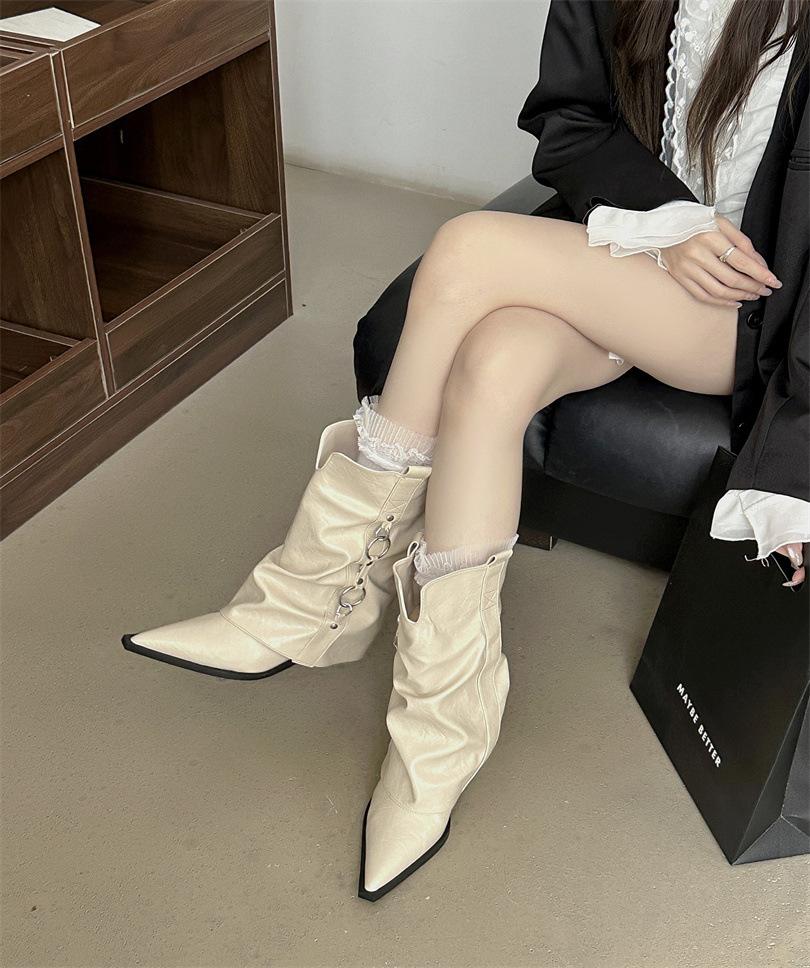 

Retro American Boots Pointed Black Skinny Pedal Short Pants Pile Boots Female Summer 39