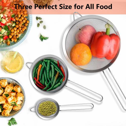 YLYL 3 Pcs Super Wire Extra Fine Mesh Strainer with Handle, Small Medium Large Size Sifter Metal Strainer Set, Stainless Steel Sieve Fine Mesh Straine