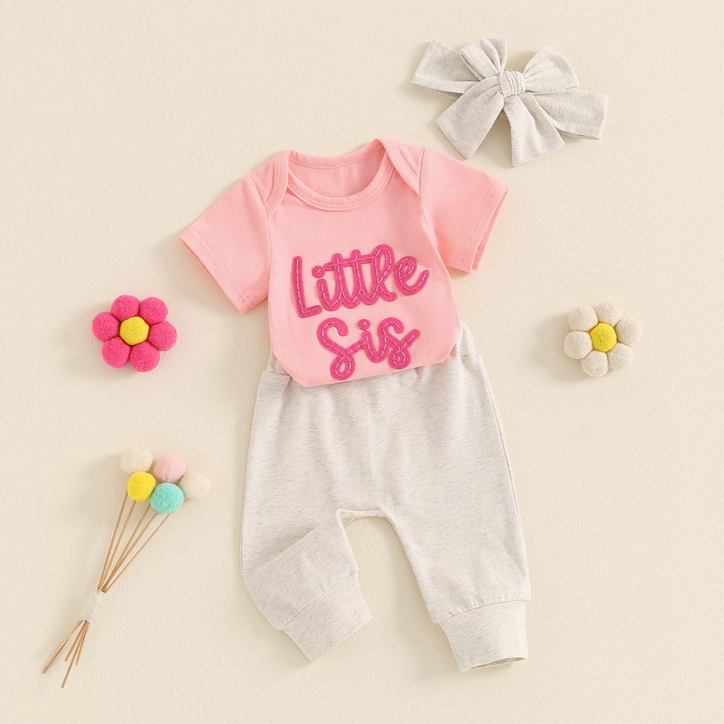 Baby Girl Summer Outfits Letter Embroidered Short Sleeve Rompers Long Pants Headband 3Pcs Clothes Set