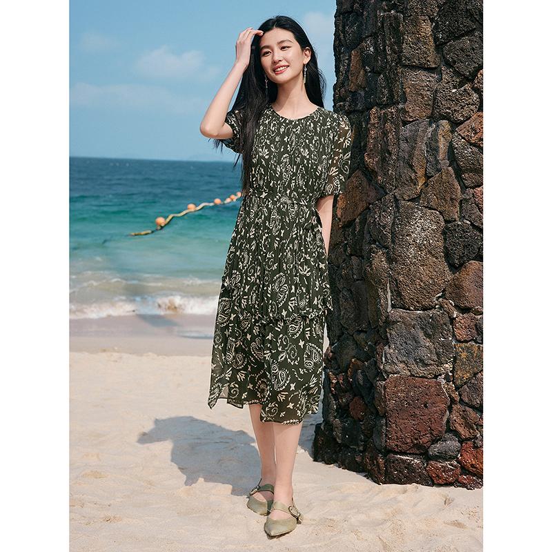 The Wizard of Oz Jiuzi Anna Kou Elegant Plant Printed Folded Chiffon Dress 2025 Summer New Style