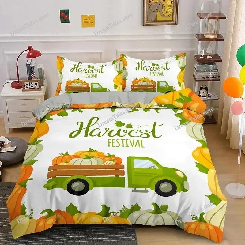 Herbst Kürbis Truck King Queen Bettbezug Happy Fall Thanksgiving Bettwäscheset Kinder Festival Geschenke Polyester Steppdecke