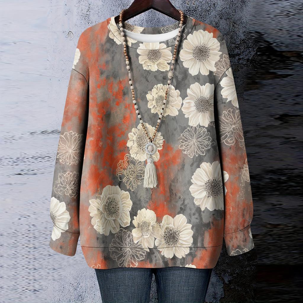 Women's Floral Print Round Neck Long Sleeved T-shirt Sweatshirt Top