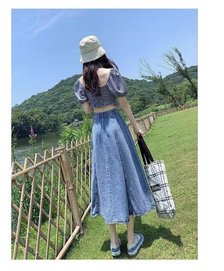 2024 Spring/Summer Women's High Waist Denim Midi Skirt - Slimming Casual Mid-Length In Dark Blue
