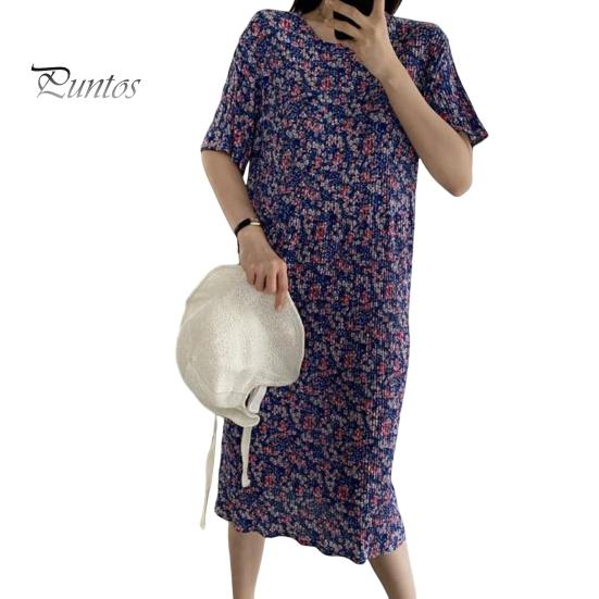 Letnia sukienka damska Mały kwiatowy nadruk Wycięcie pod szyją Luźne, krótkie rękawy Plisowany sweter do połowy łydki Randki Zakupy Sukienka Midi