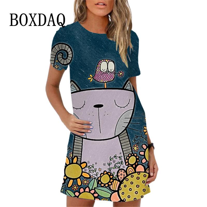 Women's Hip-hop Casual Short Sleeved O-neck A-line Skirt Mini Skirt Street Style Loose Cartoon Printed Dress
