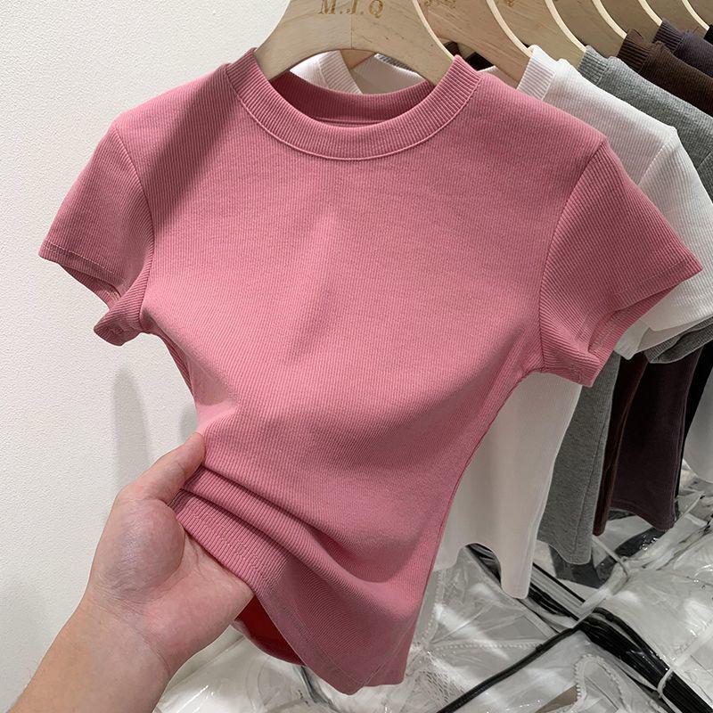 Dopamine Thread Slimming Women's Summer Short Sleeve T-Shirt – Versatile Straight Shoulder Round Neck