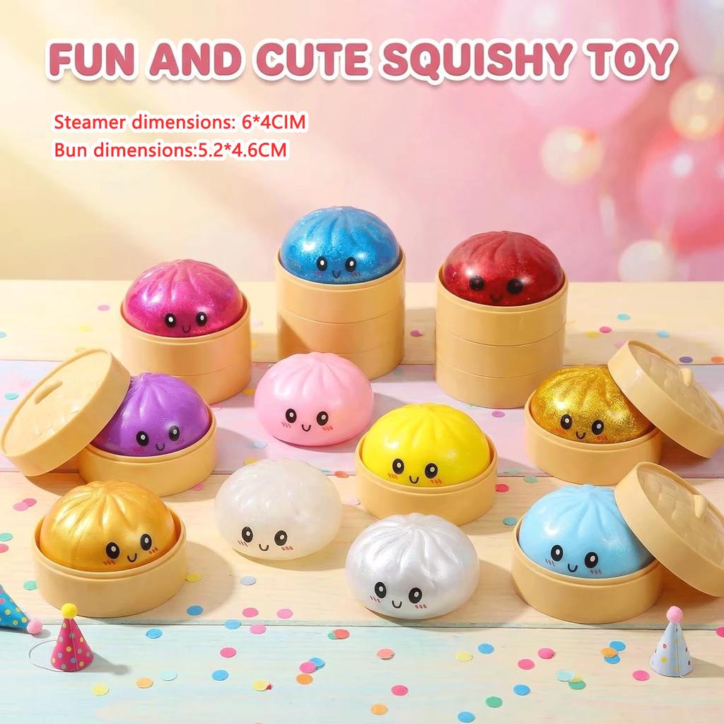 Sparkle Bun Squishy Toy Slow Rebound Stress Relief Squeeze Ball Soft With Bead&Steamer Fidget Toy for Anxiety Relief Sensory Toy