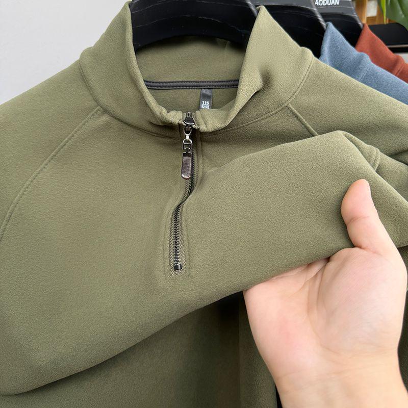 Men's Autumn/Winter Long-Sleeve Half-Zip Velvet Sweatshirt - Solid Color, Warm, Versatile Top