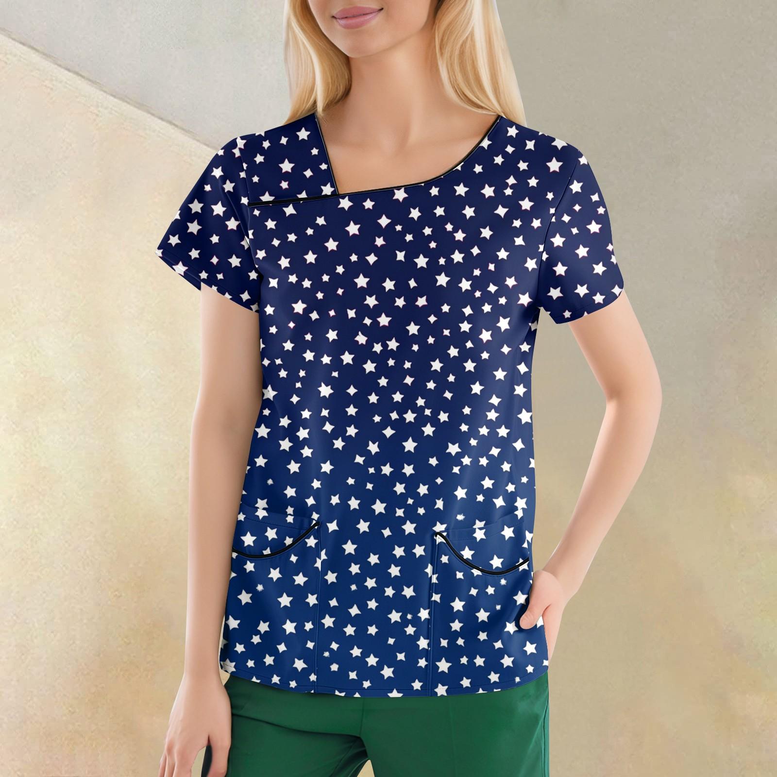 

Женская повседневная рабочая одежда с короткими рукавами и наклонным воротником с принтом и двойными карманами XL