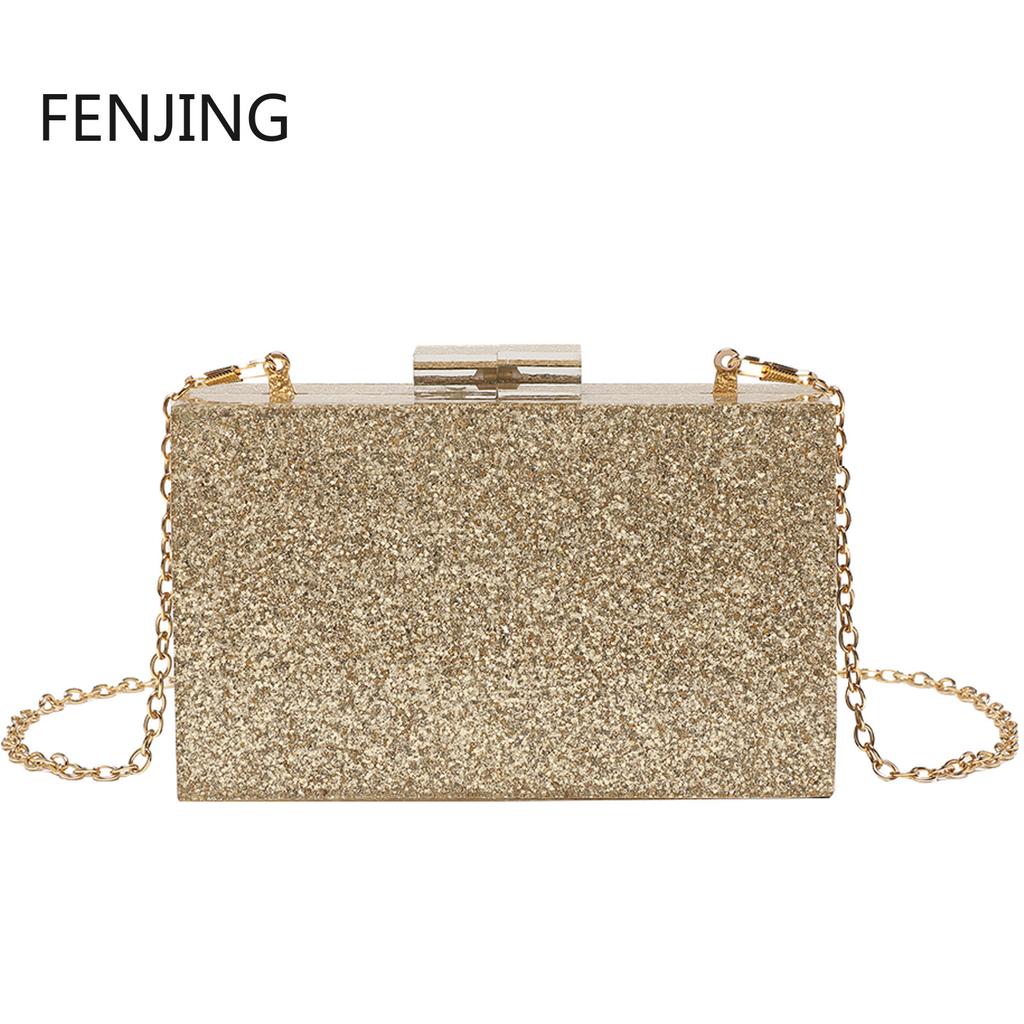 Sequined Acrylic Box Party Clutches Wedding Evening Bags for Women Designer Female Purses and Handbags Chic Chain Shoulder Bag