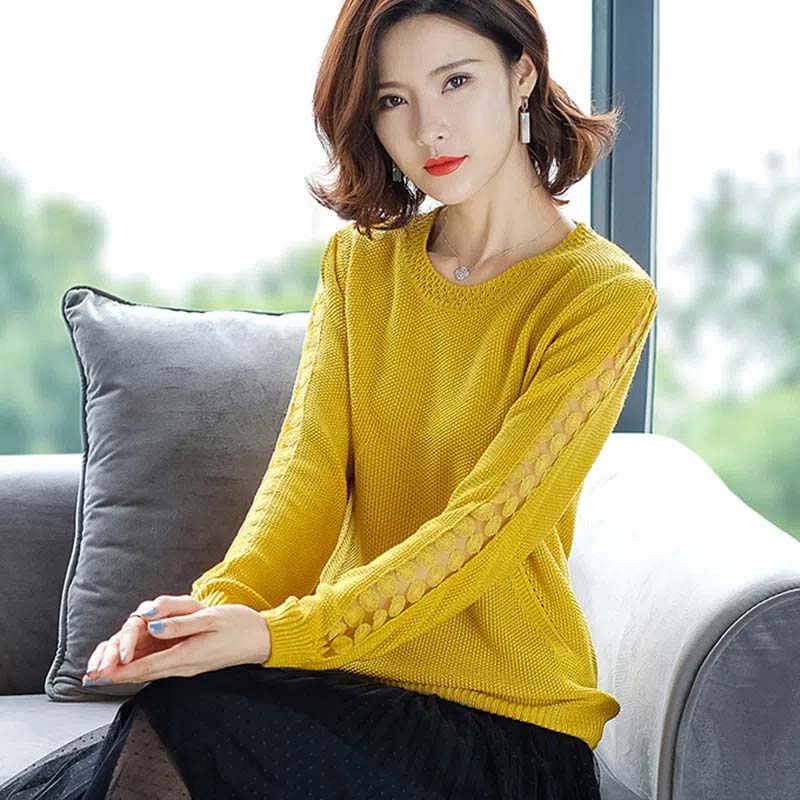 O-Neck Lace Pullover Sweater Loose Knitted Hollow Solid Top Spring Versatile Women's Knitwear