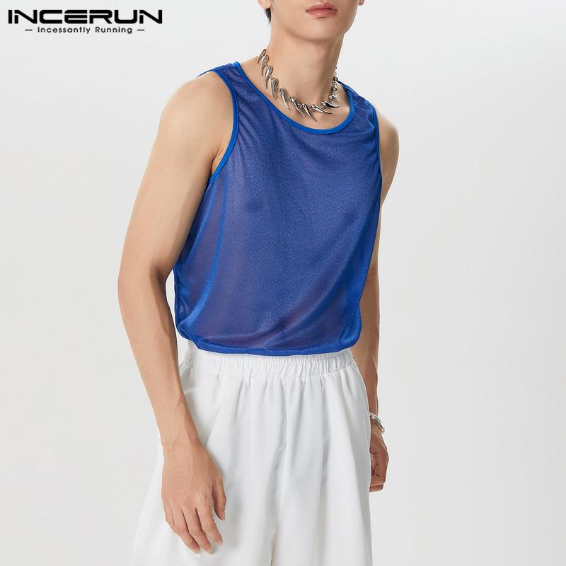

INCERUN Мужские прозрачные сетчатые майки без рукавов Летние прозрачные топы жилет 3XL синий