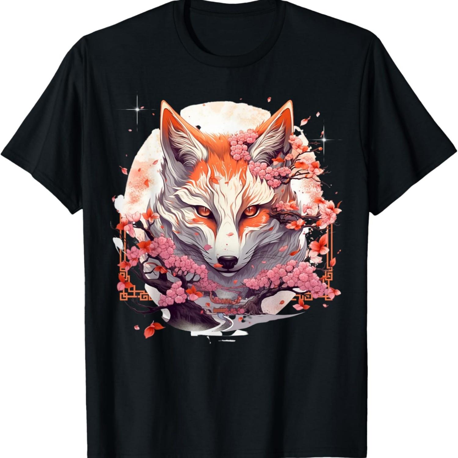 Kitsune Аниме Кавайи Лиса Цветок Сакуры Футболка S чёрный