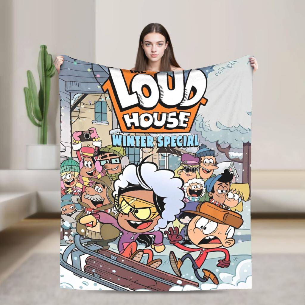 L-Loud Houses Familie Cartoon Plüsch Überwurf für Couch Sessel Sofa Bett Flugzeug Reise Flanell Tagesdecke Bettbezug