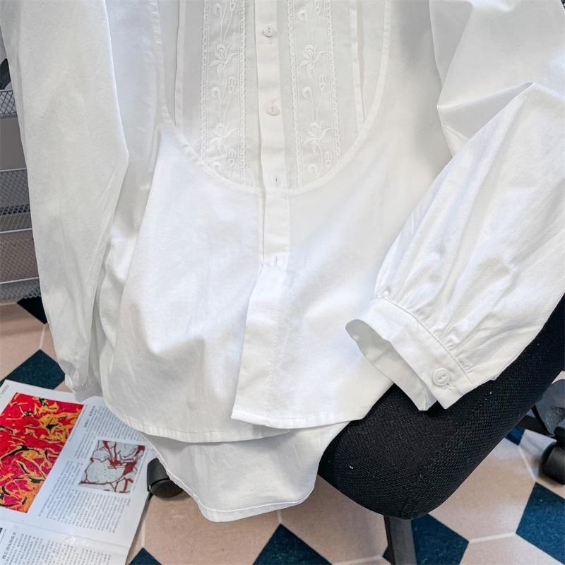 Solid Color Embroidered Women's Shirt Fungus Edge Stand Collar Long Sleeved Shirts French Spring Autumn Period Woman Top