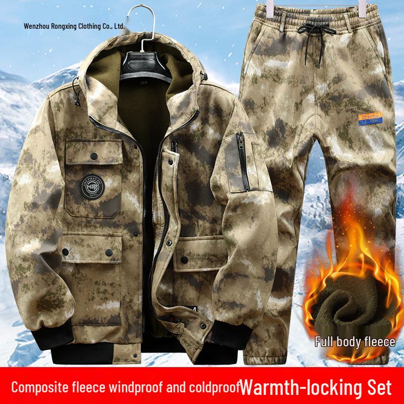 Men's Waterproof Camouflage Workwear: Thick, Plus Velvet for Autumn/Winter - Protective Jacket and Overalls.