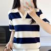 Summer Women's Cotton Knit Short Sleeve Polo Collar Striped Top