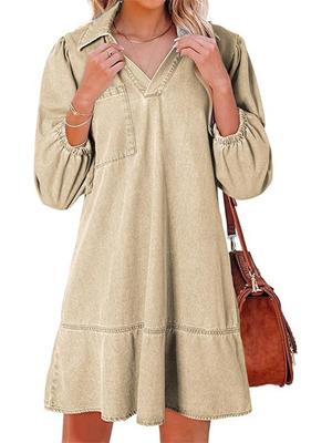 New Women's Casual Doll Dress V-Neck Sleeve Denim Mini Dress