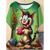 XL-7XL Plus Size Women's Men Cartoon Cat Casual 3D Print Loose V Neck Short Sleeved T-shirt Top