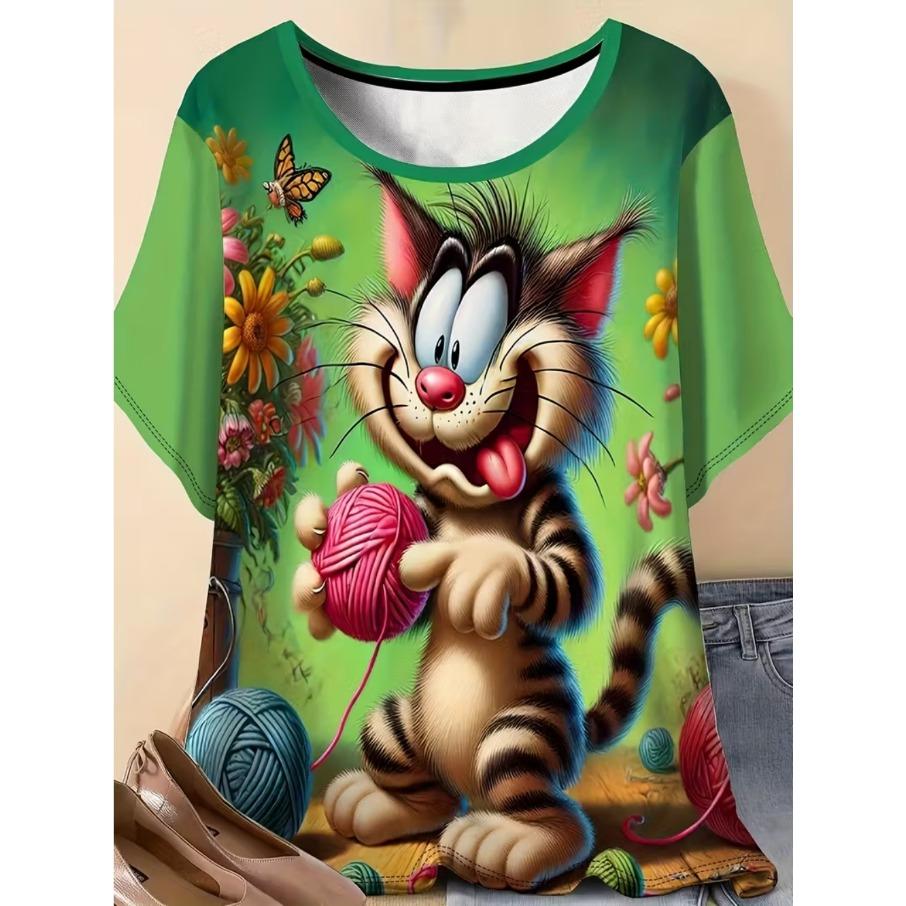 XL-7XL Plus Size Women's Men Cartoon Cat Casual 3D Print Loose V Neck Short Sleeved T-shirt Top