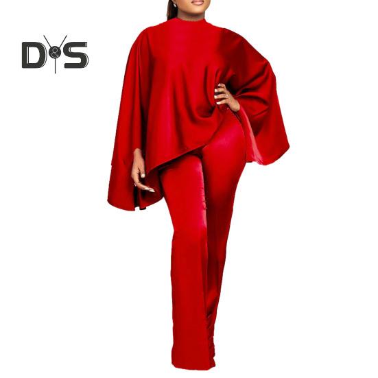 

2 шт./комплект женский искусственный атласный наряд с круглым вырезом летучая мышь с длинным рукавом свободные топы с высокой талией длинные брюки комплект однотонный эластичный наряд M красный