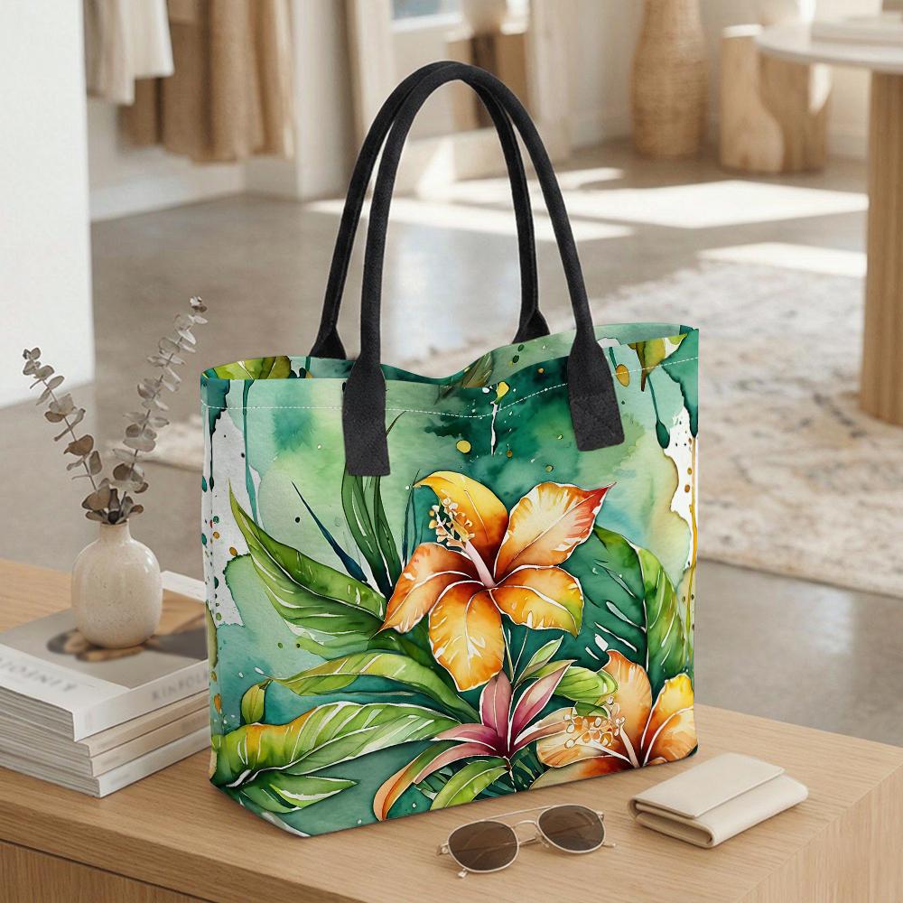 Watercolor Floral Print Tote Bag Fashion Casual Large Capacity Shoulder Handbag for Daily Use