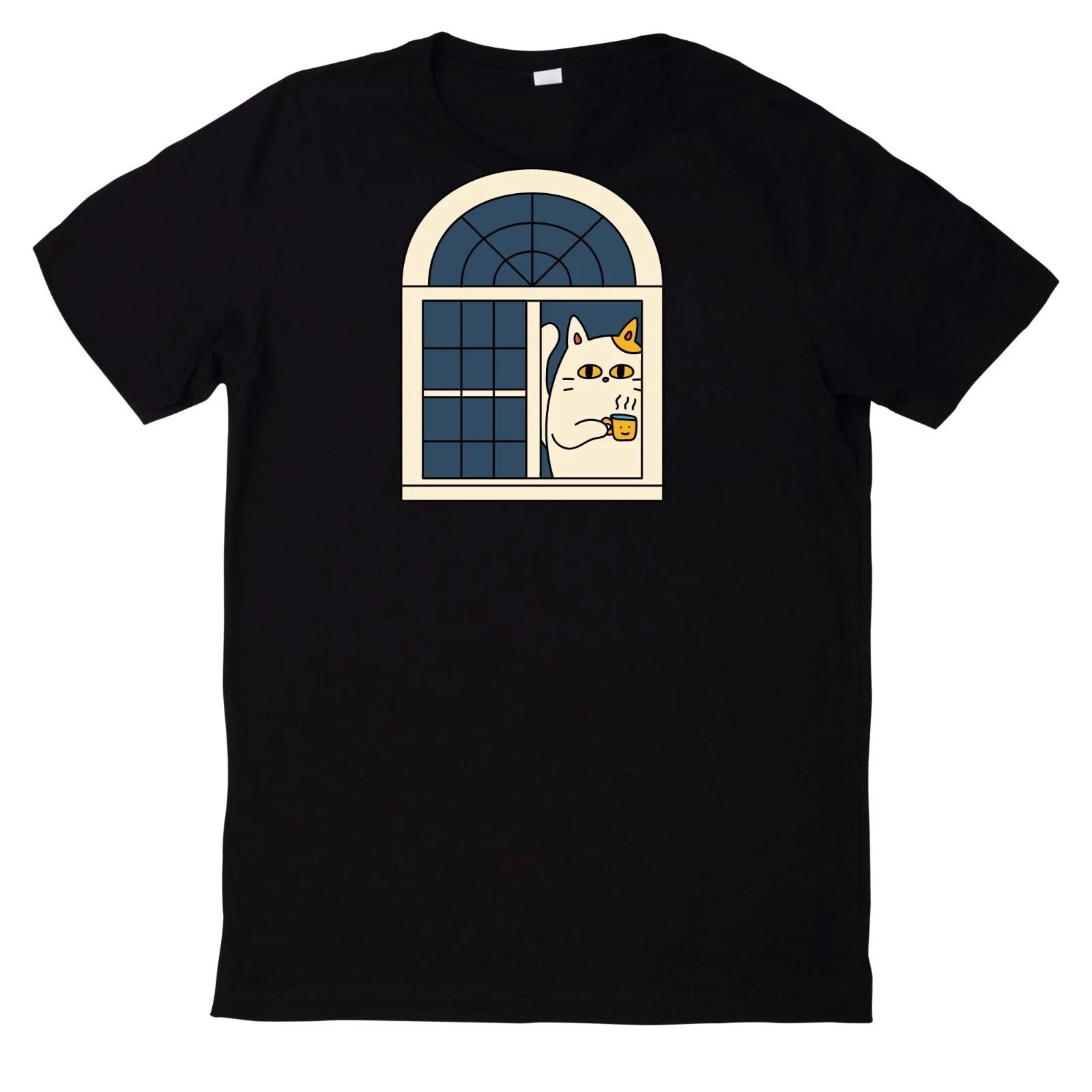 T-Shirt Katze Schaut Aus Dem Fenster Motiv Baumwolle XXXL