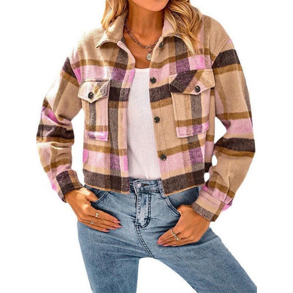 Vinter Lapel Pocket Mode Casual kort rutig jacka för kvinnor