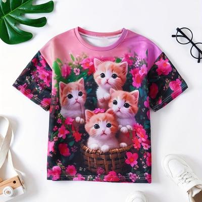 Kinderkleding Meisjes T-shirt met korte mouwen en ronde hals Kattenprint Stijlvolle Dunne Stijl