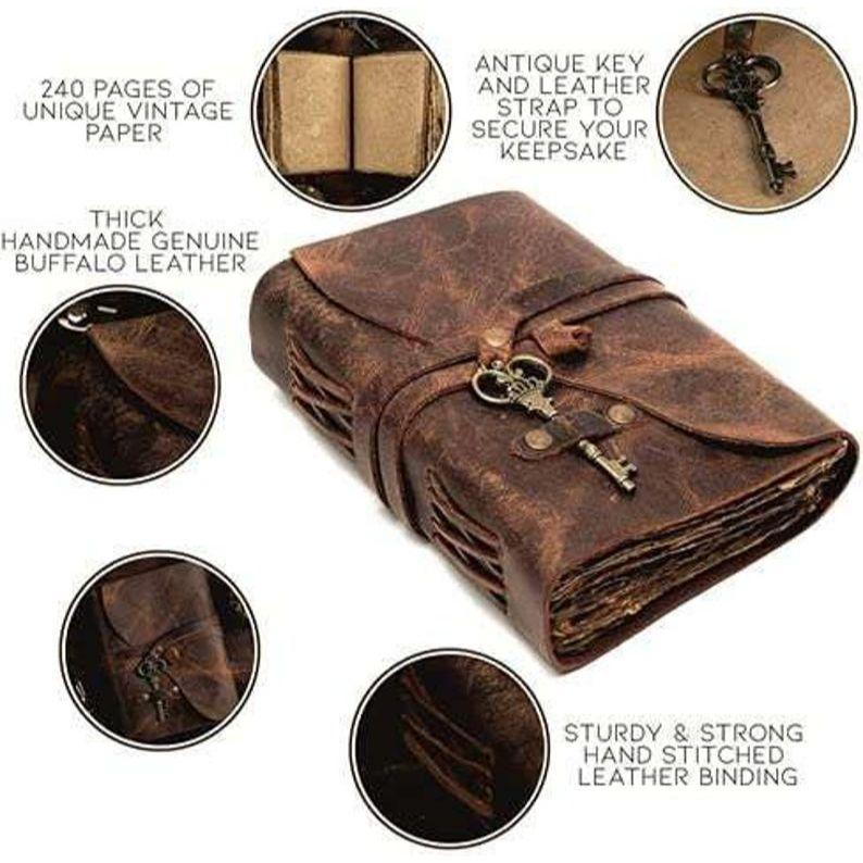 Genuine Leather Diary | Vintage Handmade Leather Journal | Premium Antique Key Closure | 200 Handmade Deckle Edge Antique Pages