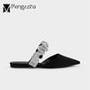 Fashion Crystal Ruffles Band Slippers Woman Trendy 2024 Sandals Flats Heels Pointed Toe Mules Ladies Shoes Cozy Slides Silver Flipflops
