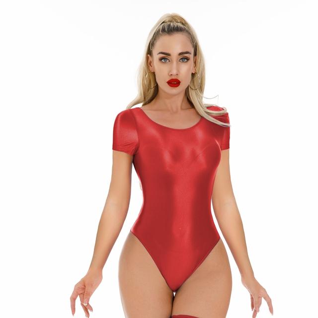 Sexy Women High Cut Bodysuit Sheer See Through Oil Glossy Shiny Elastic Tights Thong Yoga Leotard Maid Dance Wear