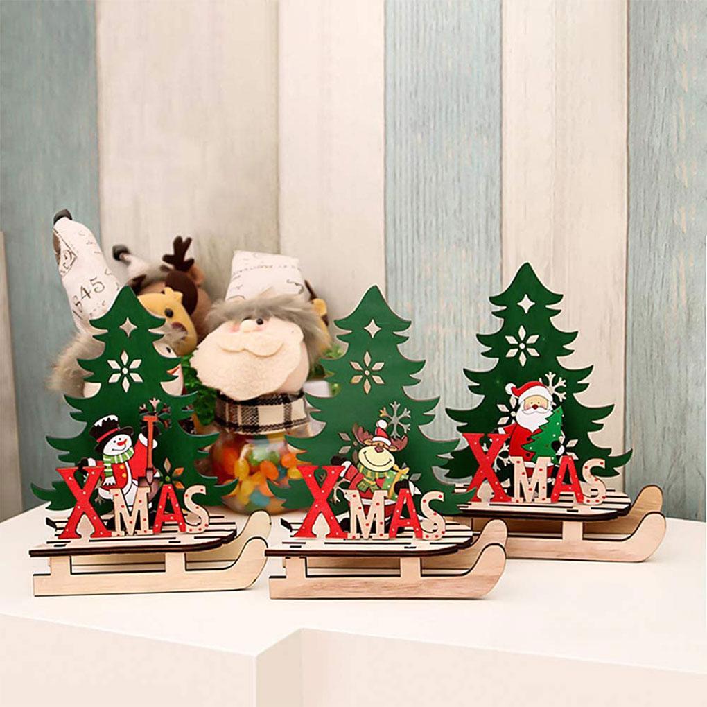 Christmas Assembled Ornament DIY Handmade Sleigh Wooden Craft Xmas Table Decoration Small Snowman