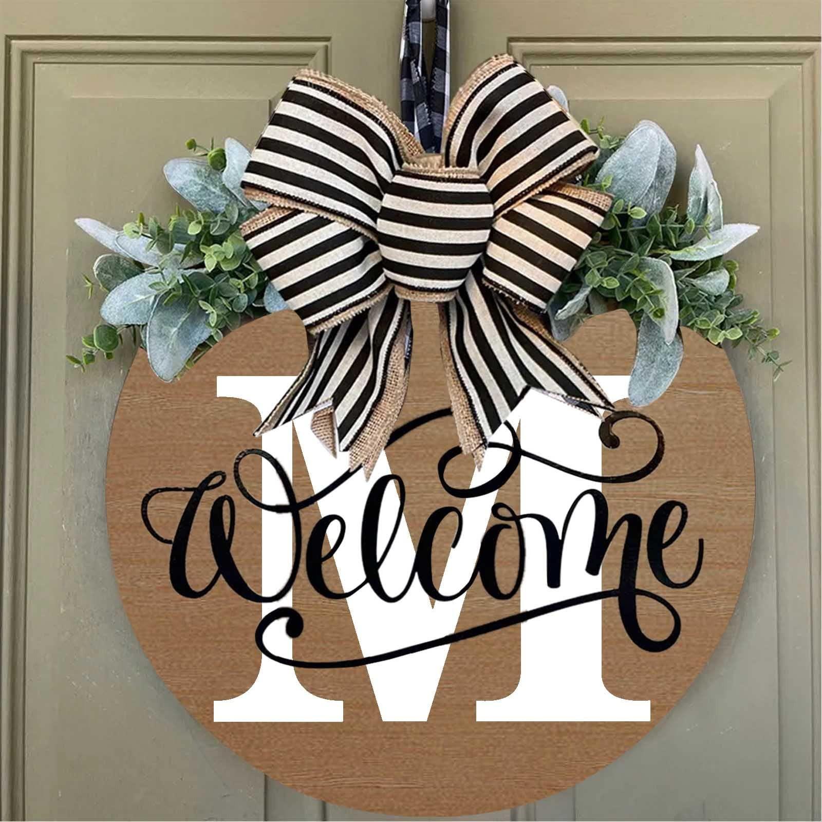 Новый Венок на входную дверь с фамилией, Приветственный знак на входную дверь, 26 Букв - Венок С - Венок И Бант