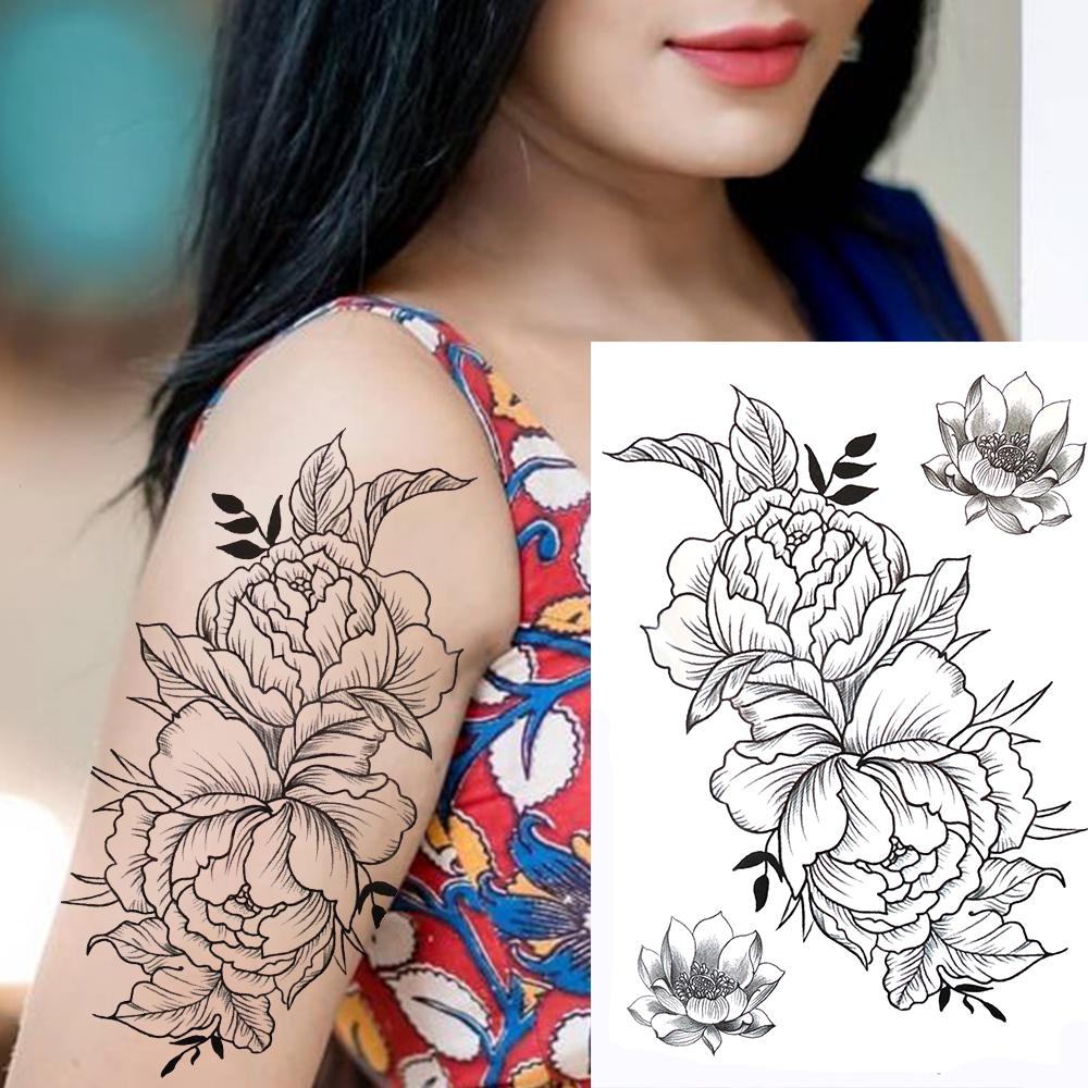 Owl Bird Temporary Tattoos For Women Fake Peony Flower Tattoo Sticker Black Body Art Drawing Tatto Diamond Crystal Jewelry Tatoo