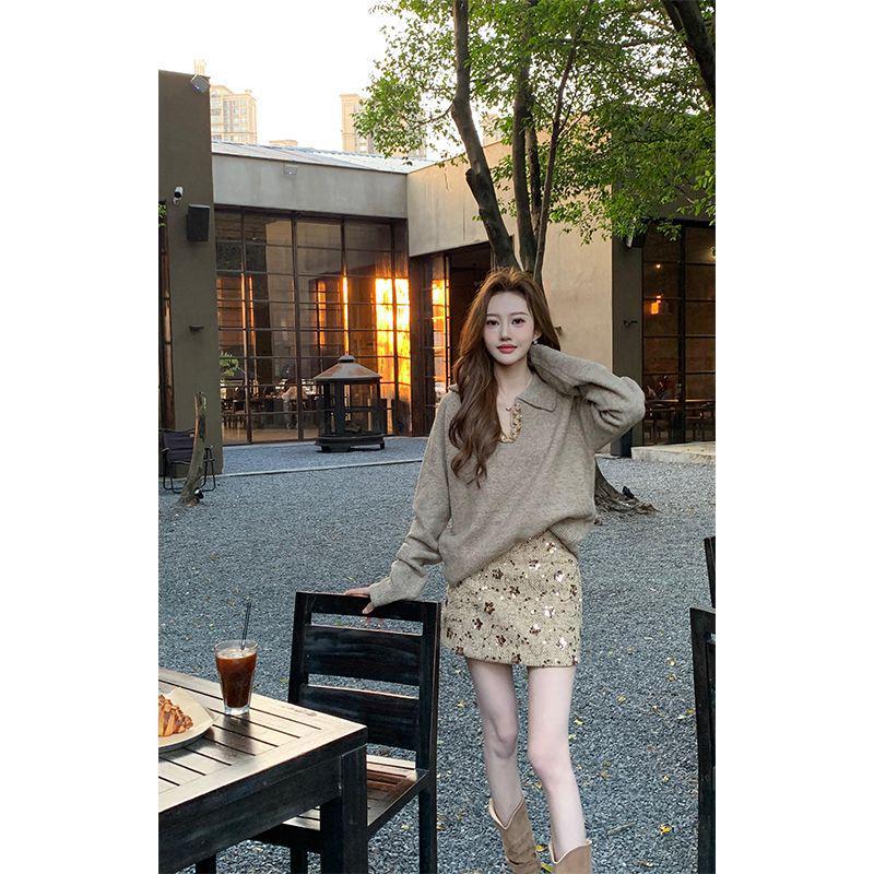 2025 Women's Autumn/Winter Korean Design: Long Sleeve Knit Sweater & High Waist Casual Skirt Set