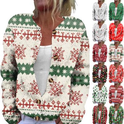 Women's Fashion Christmas Print Long Sleeve Knitted Cardigan Button Jacket