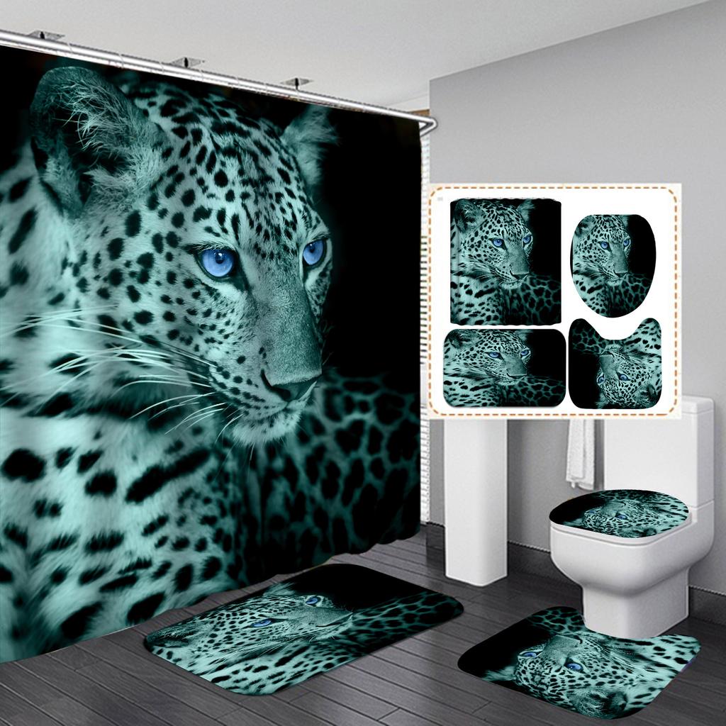 4Pcs Leopard Series Shower Curtain Sets for Bathroom Non-Slip Bathroom Rugs Lid Toilet Cover Bath Mat