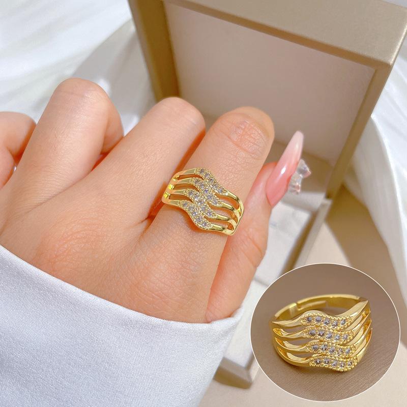 Real Gold Four-Layer Zircon Fashion Ring Opening Adjustable Simple Jewelry Japanese Ring Couple Ring